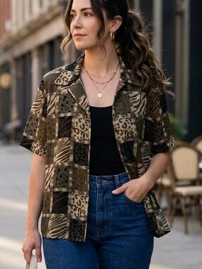 Tradition Patchwork Animal Print Leopard Short Sleeve Shirt Size 12 Boho Mobwife